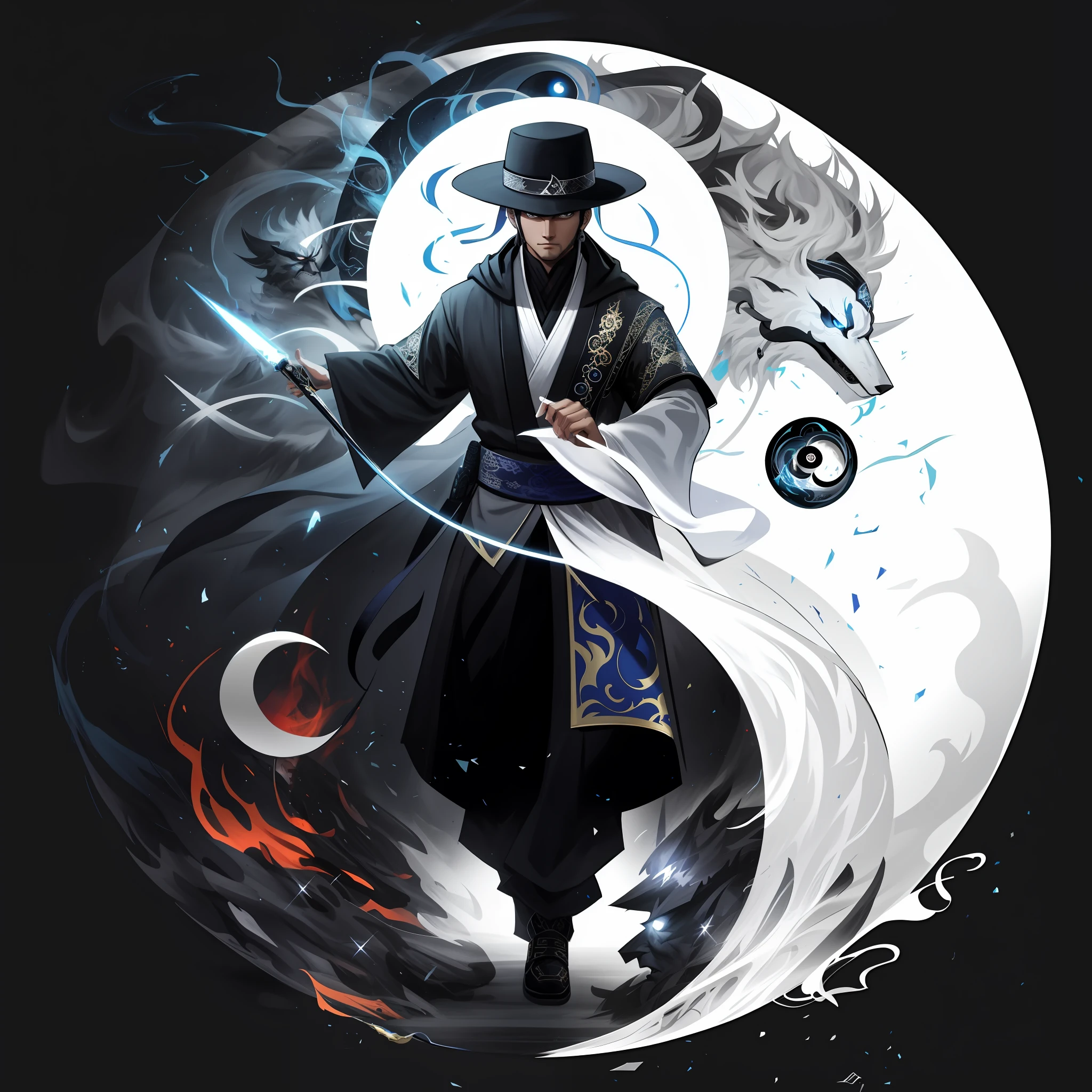 Imagen arafed de un hombre con sombrero y capa con una espada frente a un yin yin., Ying y Yang, taoísmo, maestro taoísta, yin yang, estilo de mortal kombat, in the style of sifu 🔥 😎 🕹️ 👀 :2, impresionante obra de arte, arte combinado, obra de arte de alta definición, dualidad, yinyang shaped, obra de arte oficial