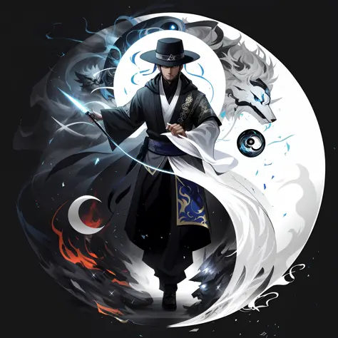 arafed image of a man in a hat and cloak with a sword in front of a yin yin, ying and yang, taoism, taoist master, yin yang, sty...