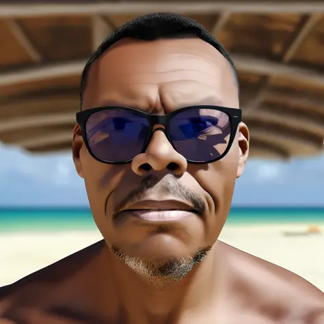 guttonerdvision4, man in sunglasses on the beach, wearing black tank top, detailed face and skin, ultra realism