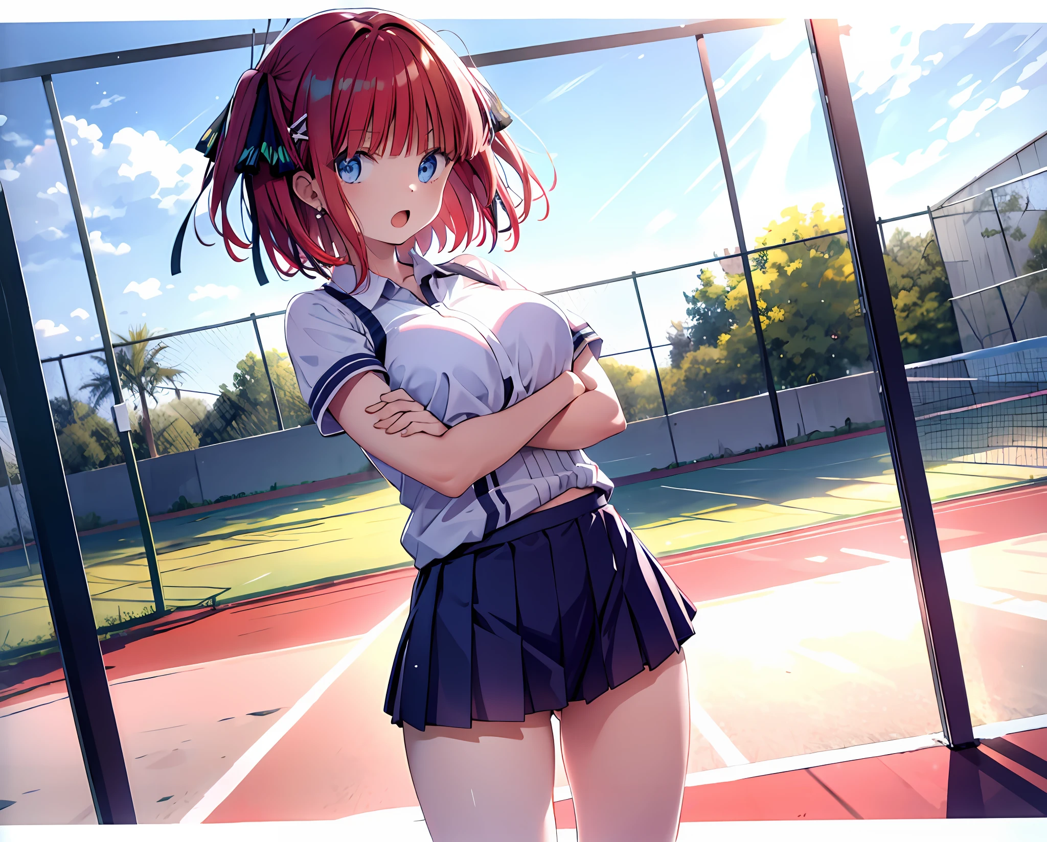 absurdres, highres,
BREAK
looking at viewer, cowboy shot, (from front:1.5)
BREAK
(vivid-color:1.3)
BREAK
(one girl:1.3), (loli:1.2),red hair, blue eyes, tennis uniform, hairclip, earrings, jewelry, nm1,  hair ribbon, short hair, tennis cosplay, (pleated super short skirt:1.4), (thighs:1.3), (large ass:1.3), large breasts, (provocative face:1.3), open mouth, (folding one's arms:1.3), (breast:1.3), ass, round eyes, (blowing in the wind:0.5), sweat around girl, dripping sweat, squall (wind:1.2), sense of speed, refreshing breeze, motion blur effect, wind, (no pants visible:1.4)
BREAK
background is (tennis court:1.3), (Stand in the center of the screen:1.3), (10,000 people spectators:1.3), multiple people behind you, blue sky with clouds, outdoors, (magnificent panorama view:1.2), wind
BREAK
sunlight, magnificent view, rainbow in the sky, light particles, dynamic angle, dutch angle, perspective
BREAK
(daytime, sunbeam:1.2), depth of field, bokeh, light leaks, (chromatic aberration:1.2), noon
BREAK