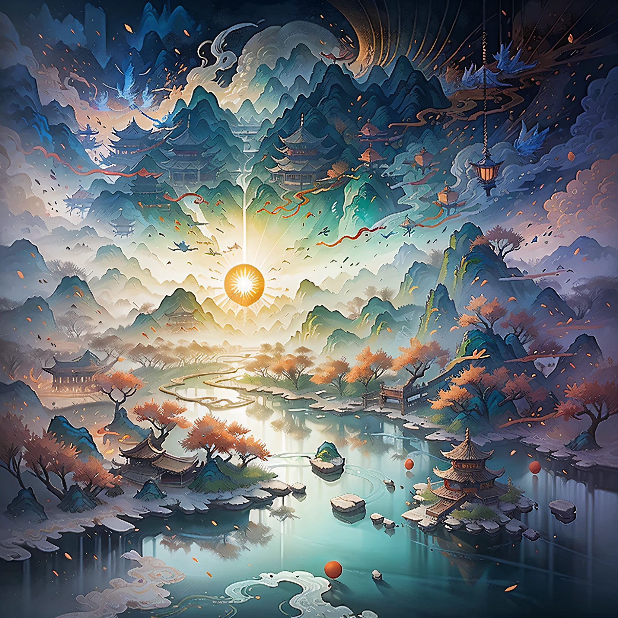 chinese wind mountains, river, auspicious clouds, pavilions, sunlight, masterpiece, super detail, epic composition, ultra hd, high quality, extremely detailed, official art, unified 8k wallpaper, super detail, 32k --auto --s2