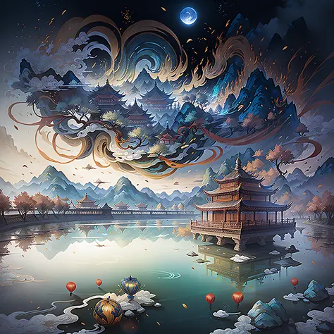chinese wind mountains, river, auspicious clouds, pavilions, sunlight, masterpiece, super detail, epic composition, ultra hd, high quality, extremely detailed, official art, unified 8k wallpaper, super detail, 32k --auto --s2