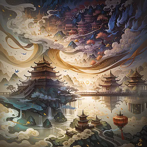 chinese wind mountains, river, auspicious clouds, pavilions, sunlight, masterpiece, super detail, epic composition, ultra hd, hi...