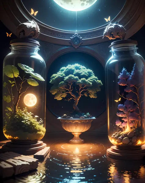 a highly detailed and colorfull forest with 
giant bright moon, vault of heaven , butterflys and a river enclosed in a Giant jar.  8k, octane render, Intricate hyperdetails, Symmetrical,