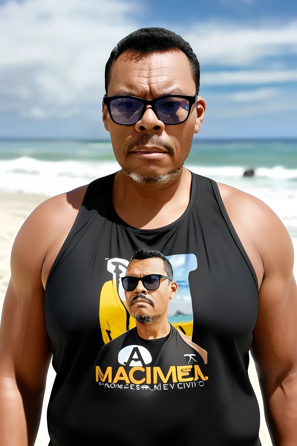 guttonerdvision4, homme à lunettes de soleil sur la plage, porter un débardeur noir, visage et peau détaillés, ultra réalisme