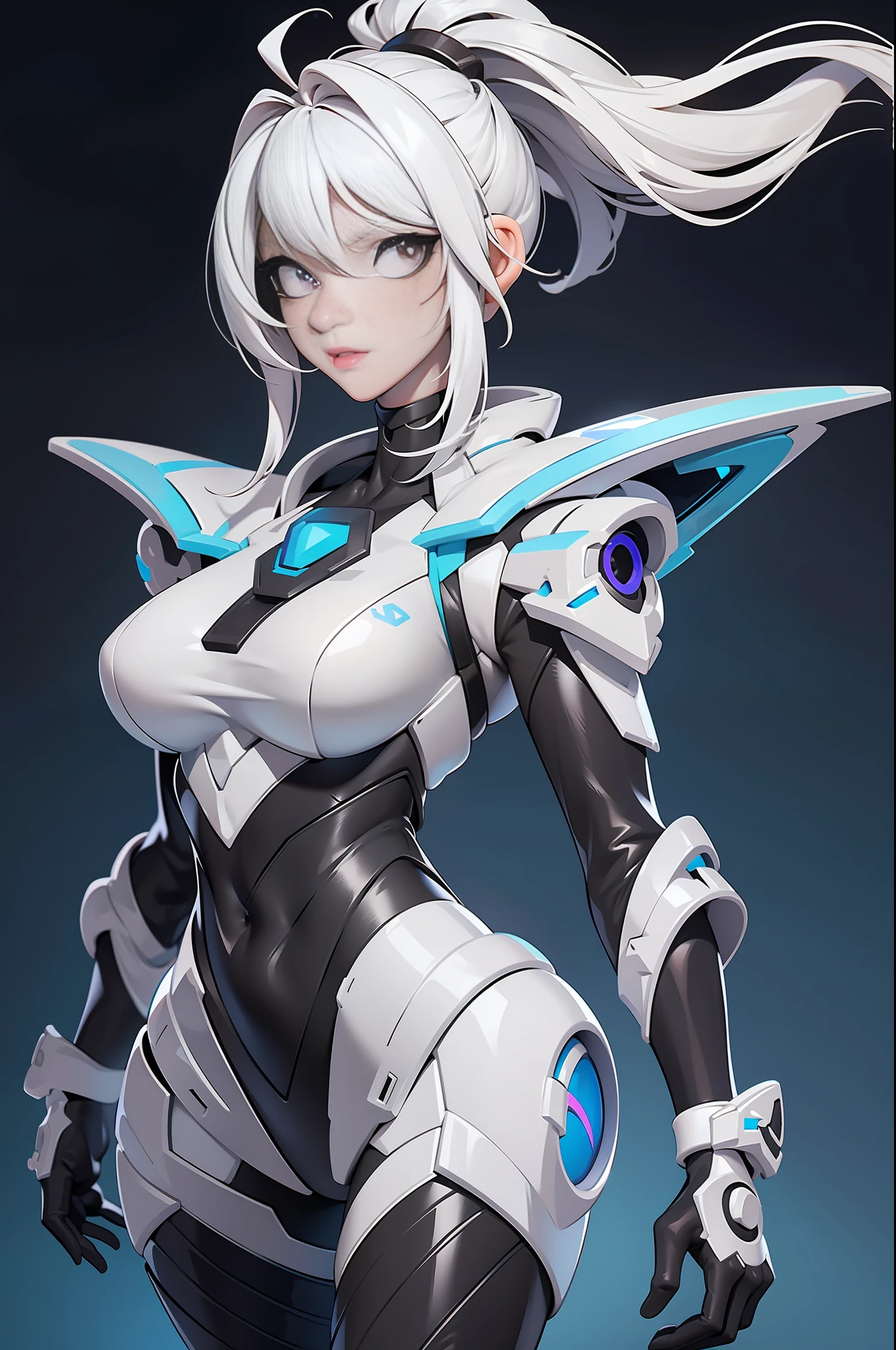 Imagen de cuerpo completo Unreal Engine 5 8K UHD de una hermosa niña, pelo blanco, vistiendo un traje de batalla ajustado negro futurista, máscara cyberpunk de media cara, cuello futurista, Detalles de luz blanca, MAQUILLAJE DE BELLEZA, mejor calidad, Obra maestra