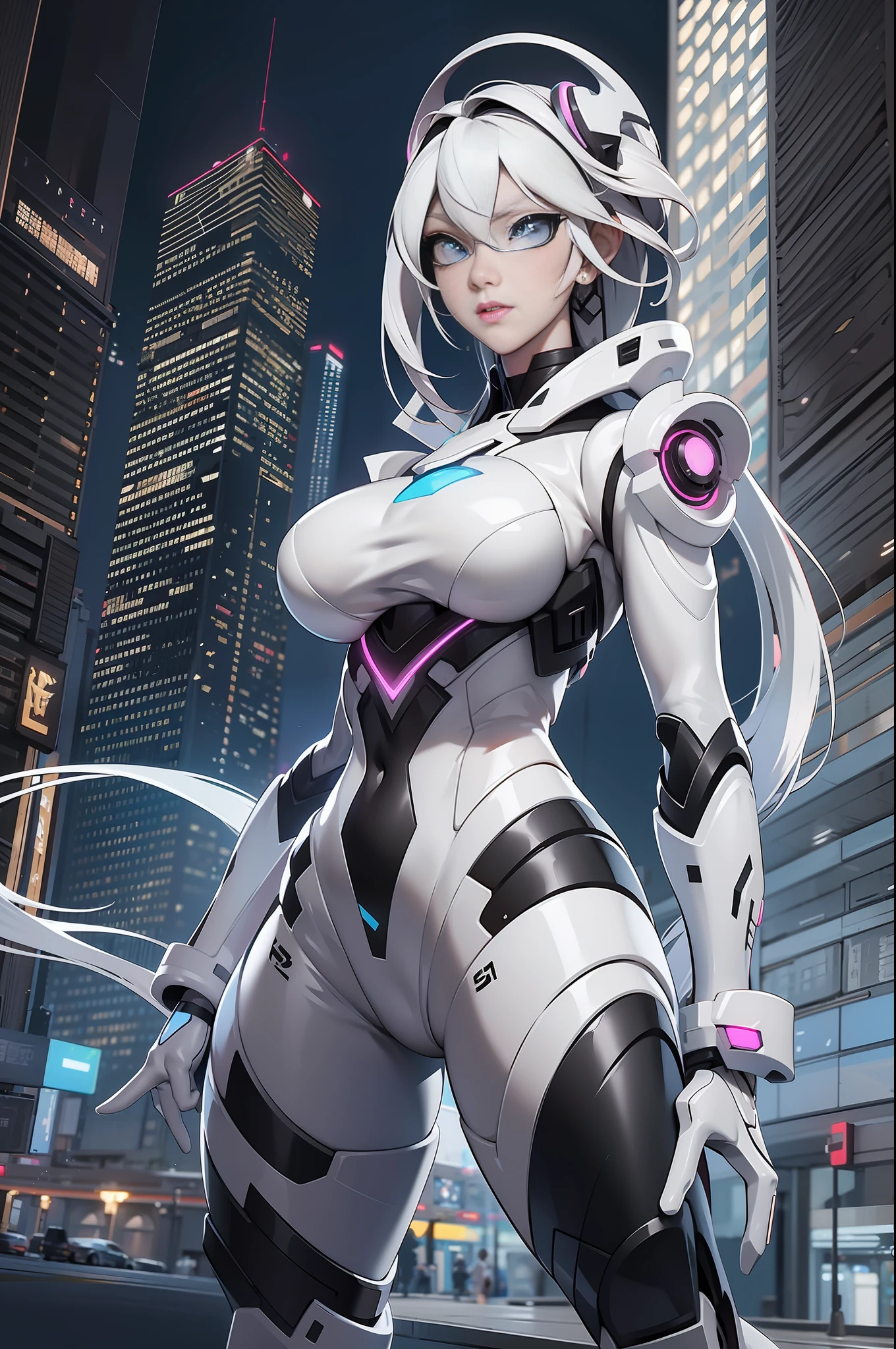 Ganzkörperbild Unreal Engine 5 8K UHD von schönem Mädchen, weißes Haar, trägt einen futuristischen schwarzen engen Kampfanzug, half face cyberpunk mask, futuristisches Halsband, Weißlichtdetails, Schönheit Make-up, beste Qualität, Meisterwerk