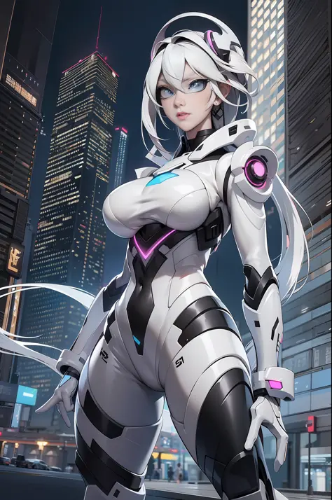 full body picture Unreal Engine 5 8K UHD of beautiful girl, white hair, wearing futuristic black tight battle suit, half face cy...