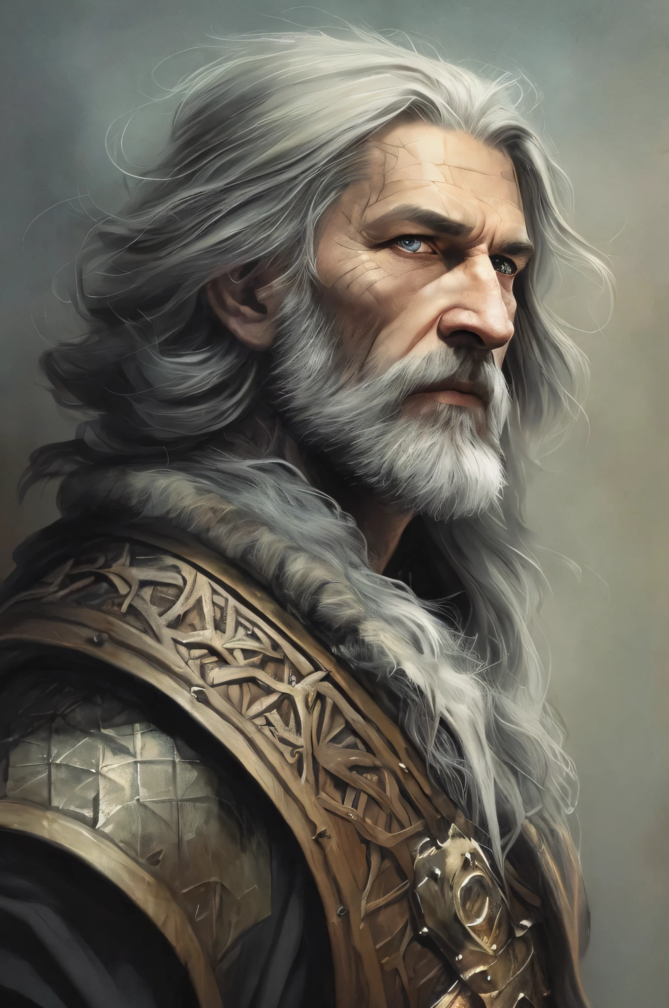 a painting of a man with long hair and a beard, painted portrait of rugged odin, fantasy concept art portrait, fantasy character portrait, epic fantasy art portrait, rpg portrait concept art, character art portrait, male god svarog portrait, detailed character portrait, character concept art portrait, epic fantasy character art, stunning character art, 4k fantasy art, character portrait art
