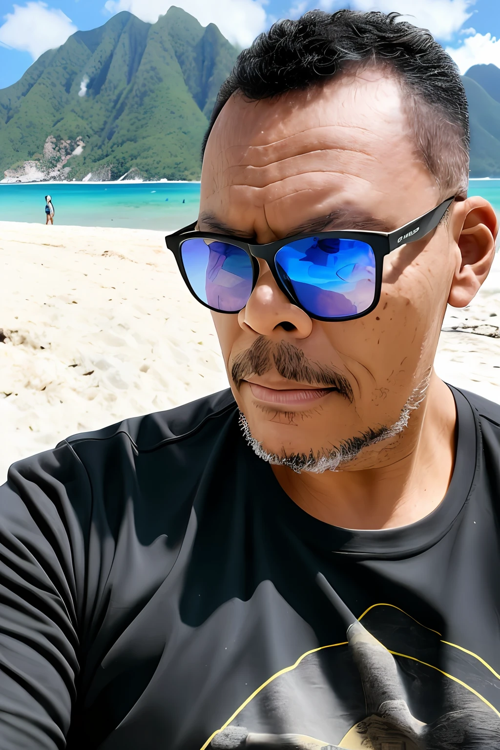guttonrdvision4, мужчина в солнечных очках, кожа лица и детальные поры, на пляже в окружении гор, кокосовые пальмы, горные породы, в черной футболке рок-группы, ультра реализм, ультрадетализированная сцена, кинематографический
