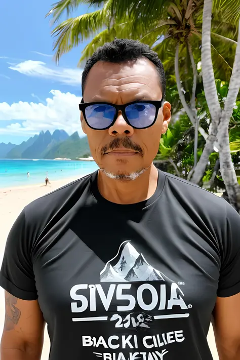 guttonerdvision4, a man with sunglasses, skin face and detailed pores, on the beach surrounded by mountains, coconut trees, rock...