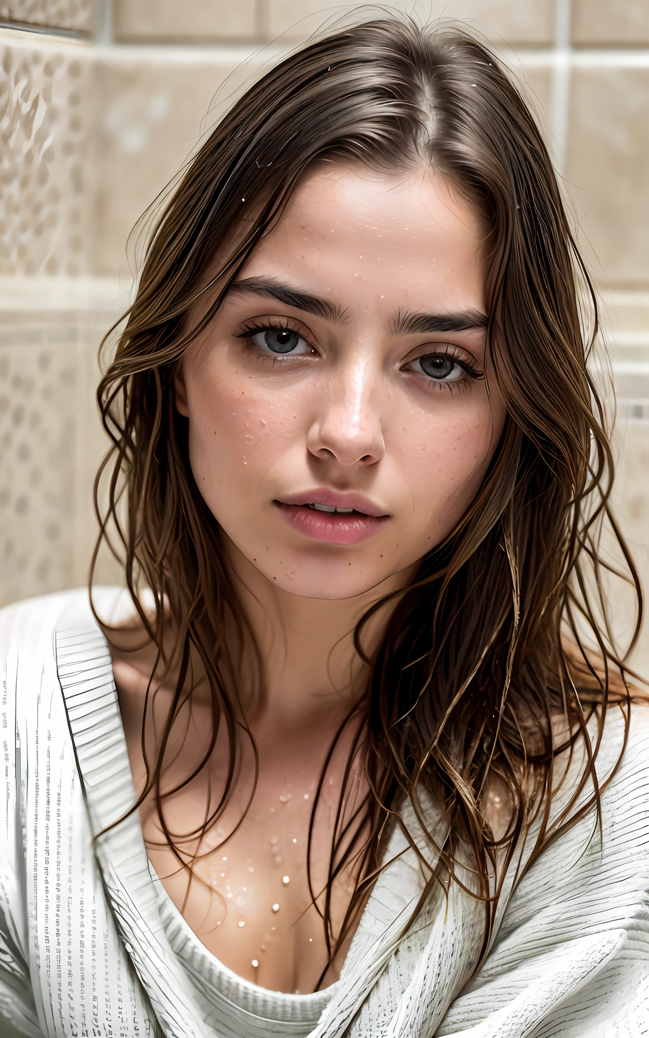 highly detailed realistic photograph of (ana de armas) ((bathing in an elegant bathroom)), wearing a ((sweater)), ((wet hair)), without bra, provocative, lascivious, pokies, torso shot, intricate, bright soft diffuse light, detailed skin, detailed hair, realistic skin texture, texture, detailed eyes, professional, 4k, shot on Canon, 85mm, shallow depth of field, post-processing, maximum detail, roughness, real life,  ultra realistic, photorealism, photography, glamour, pores, natural