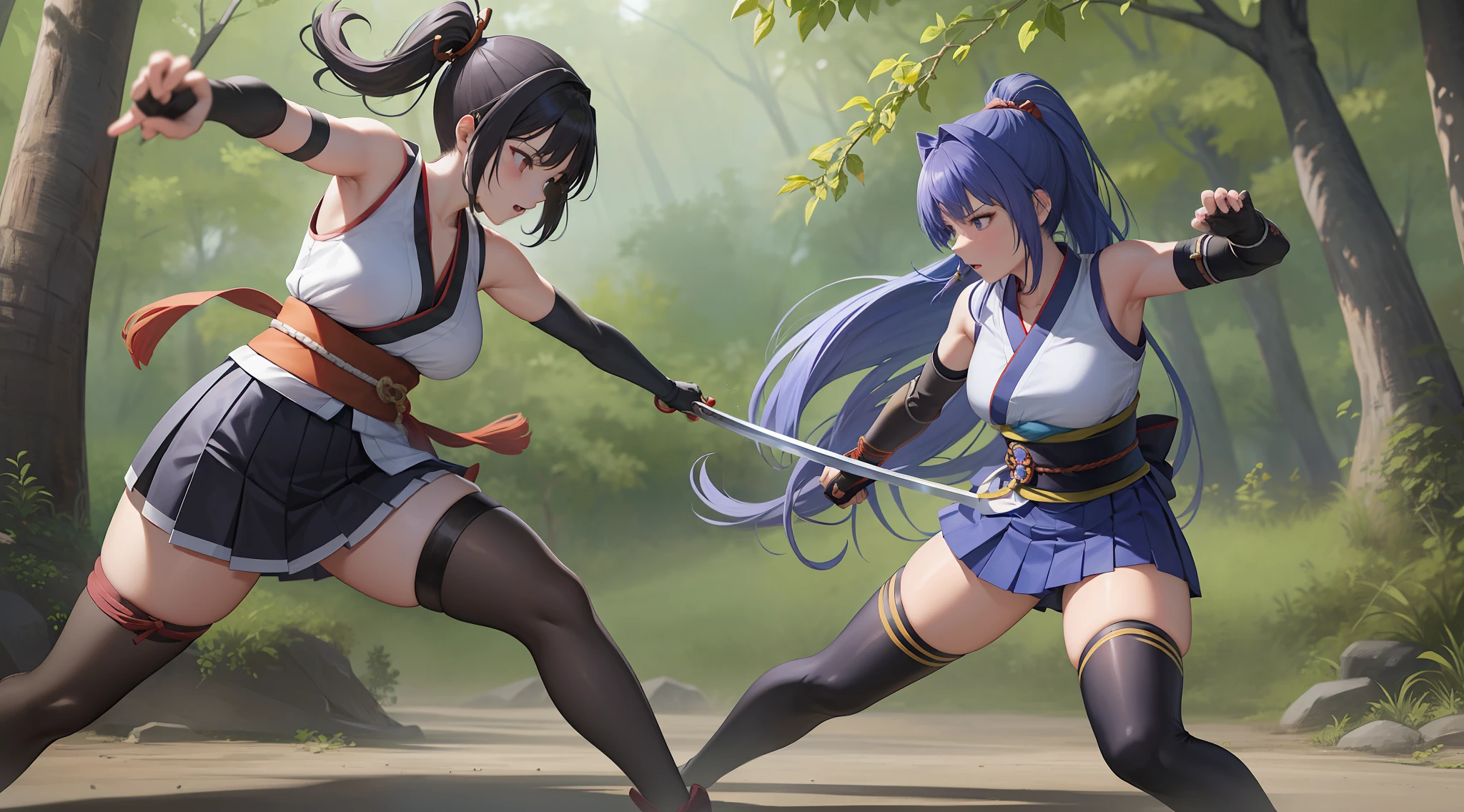 Dos chicas anime están peleando con espadas en una zona boscosa. - SeaArt AI