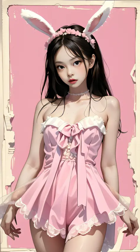 Polaroid film, masterpiece, best quality, jennie, bunny girl, pink bandeau dress, white silk lace, pink background,