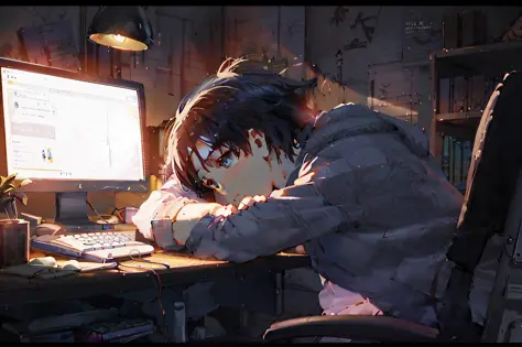 anime character sitting at a desk with a computer and a keyboard, ( ( makoto shinkai ) ), makoto shinkai. digital render, makoto...