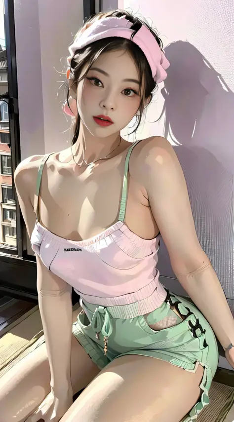 (1girl:1.3), solo, _ kim ji-ni jennie face, wearing pink camisole vest, cropped style, pale green sports shorts, sexy, cute, whi...