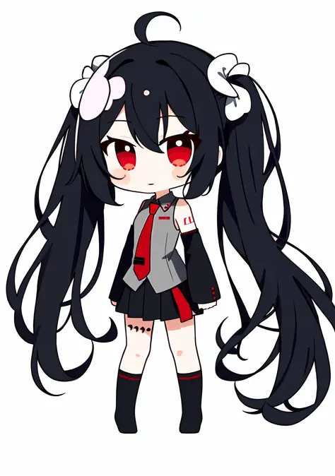 1girl, solo, zatsune miku, black hair, red eyes, twintails, very long hair, blood, detached sleeves, long sleeves, black sleeves, collared shirt, frills, frilled shirt, black skirt, pleated skirt, red and black, ((grey shirt)), cute, red necktie, wing coll...