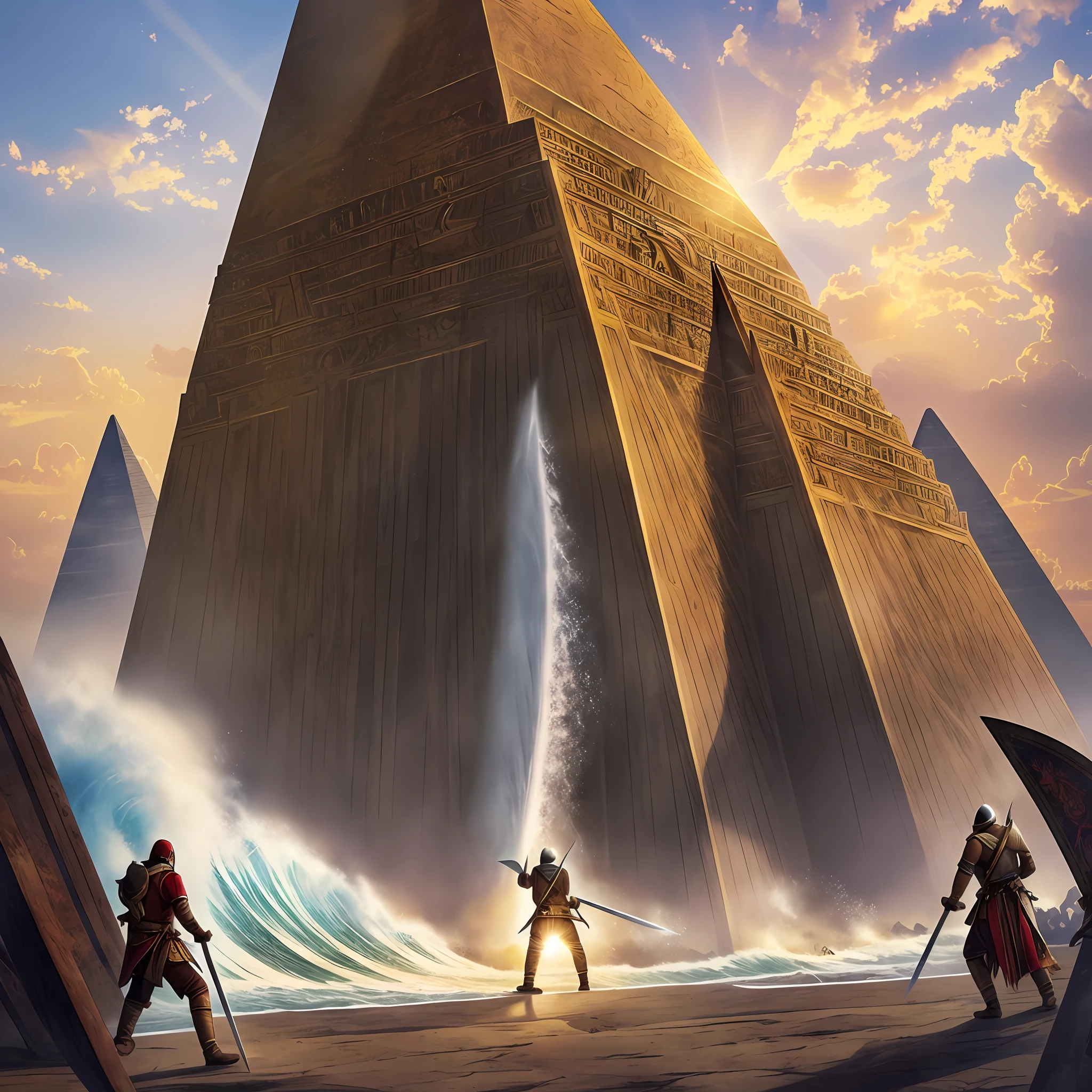 On the pyramid, there is a sun, there are many people holding swords on the ground, two god-like people are fighting, and a huge wave sweeps the pyramid --auto --s2