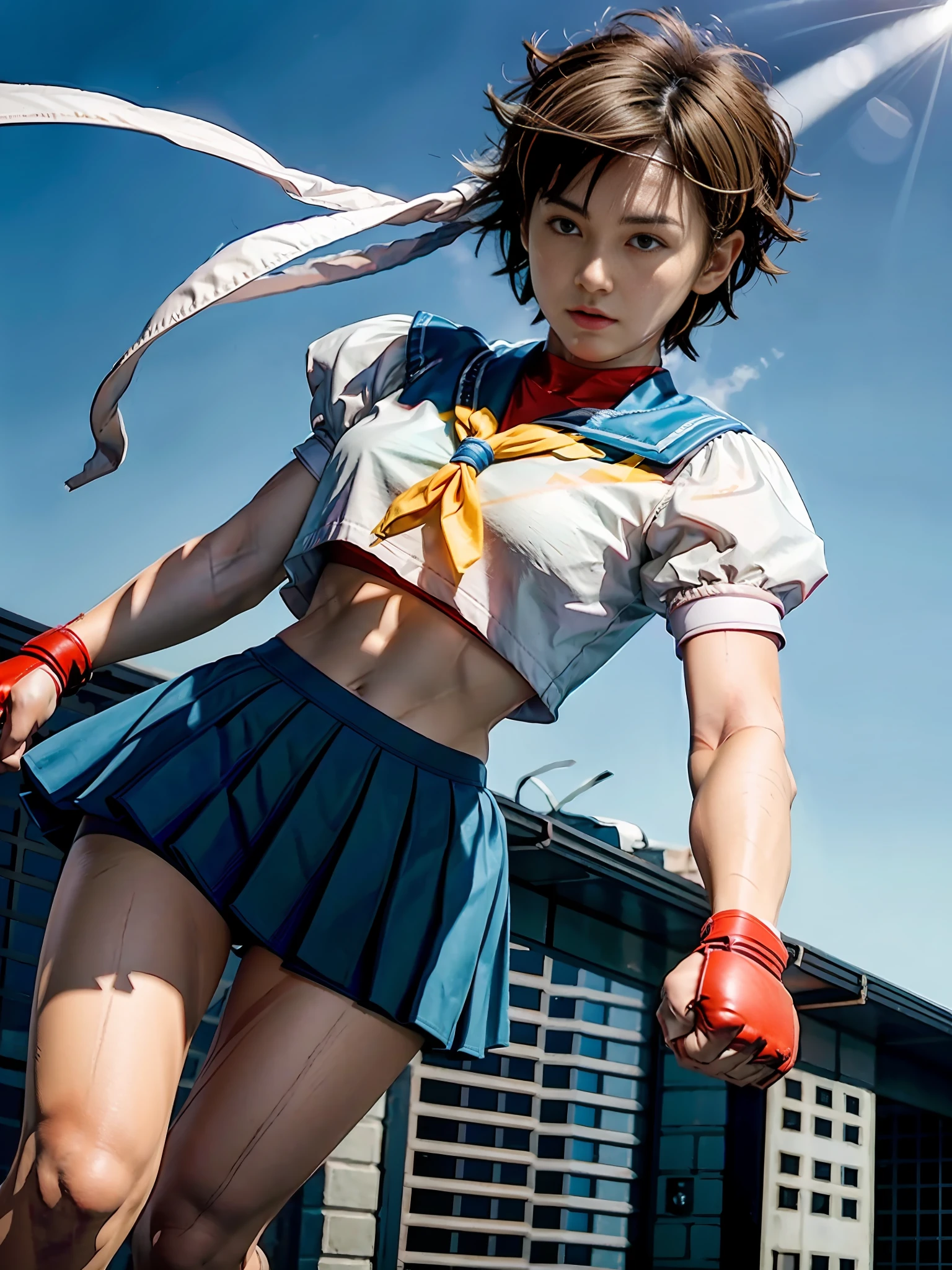 (Masterpiece), (Best Quality), Ultra High Definition, Professional Artwork, Ultra Detailed, Complex, Detailed Face, Perfect Lighting, 1girle, Solo, Sakura Kasugano, Brown Eyes, Brown Hair, Short Hair, Bangs, Ahoge, Katyusha, Serafuk, Puffy Sleeves, Crop Top, Yellow Neckerchief, Pleated Skirt, Fingerless Gloves, Thighs, White Socks, Red Footwear, Fighting Stance, Punching, Light muscles, foot focus, cowboy shot, from below, (50mm), (high accuracy: 1.2), (face detail: 1.2), detail,_ eye, (gradient), (ambient light: 1.3), (film composition: 1.3), (JC: 1), accent lighting, high definition cg unity 8k wallpaper, original, hdtv, (perfect_anatomy: 1.2), solo, Wide shots, torn clothes, tattered clothes, disheveled hair, tired and weak face, bleeding lips, (perfect body, perfect, perfect thighs), wet body, sweaty body, dirty and bloody skin, bruises on the face and body, blood flowing from head and face, injuries, damage, muddy feet, muddy skin, dirty, muddy, complex and cinematic appearance, cinematic soft light, sharp focus