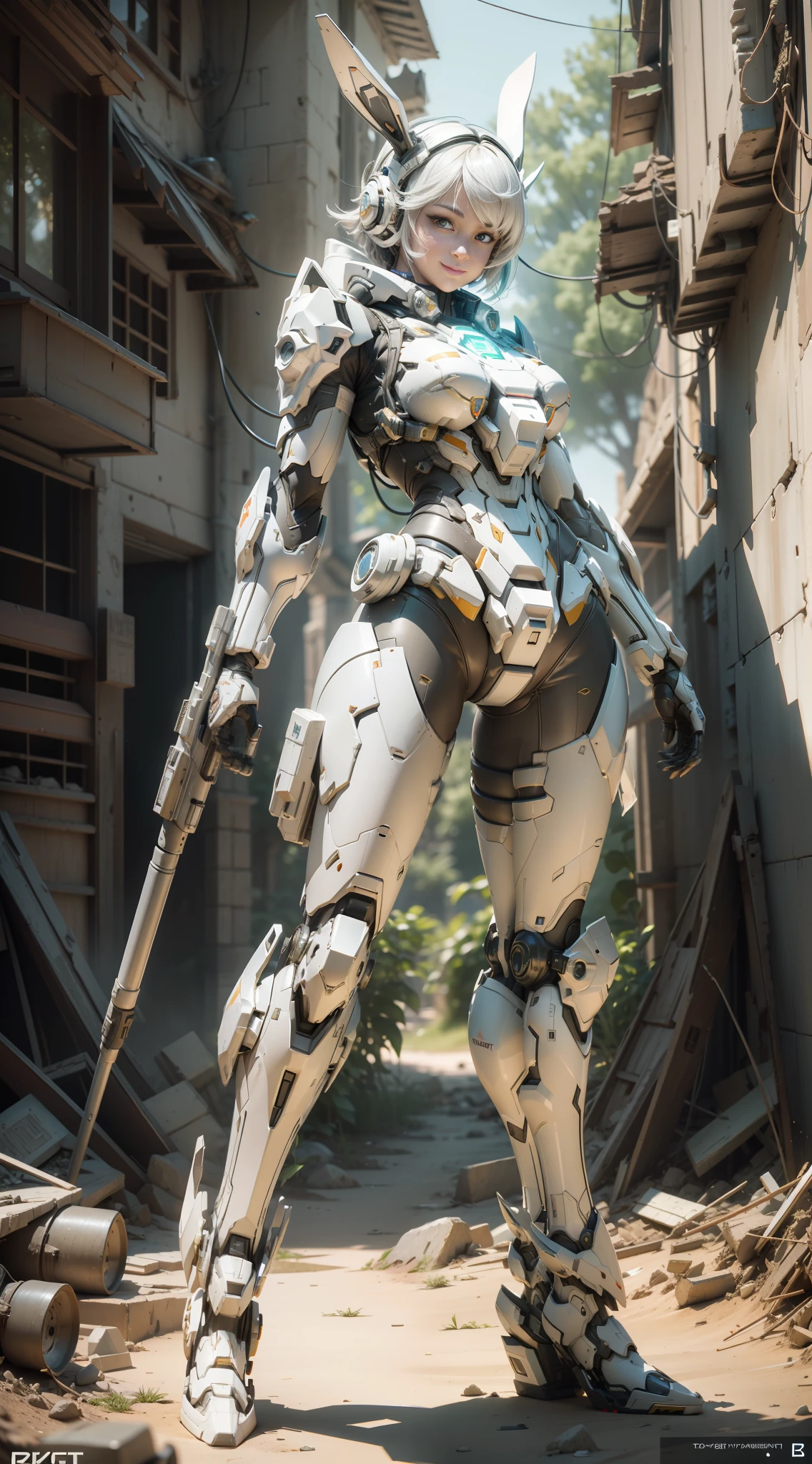 ((Best Quality)), ((Masterpiece)), (Very detailed:1.3), 3D, Shitu-mecha, Full body, 1 beautiful woman, smiling, short hair, wearing a mech in white color scheme, long rabbit ears on the head, (the mech has the characteristics of a rabbit), the feet are flat, in the ruins of the forgotten war city, ancient technology, HDR (high dynamic range), ray tracing, nvidia RTX, super resolution, Unreal 5, subsurface scattering, PBR texture, post-processing, Anisotropic Filtering, Depth of Field, Maximum Sharpness and Acutance, Multi-layer Textures, Albedo and Highlight Maps, Surface Shading, Accurate Simulation of Light-Material Interactions, Perfect Proportions, Octane Rendering, Duotone Illumination, Low ISO, White Balance, Rule of Thirds, Wide Aperture, 8K RAW, High Efficiency Subpixels, Subpixel Convolution, Luminescent Particles, Light Scattering, Tyndall Effect