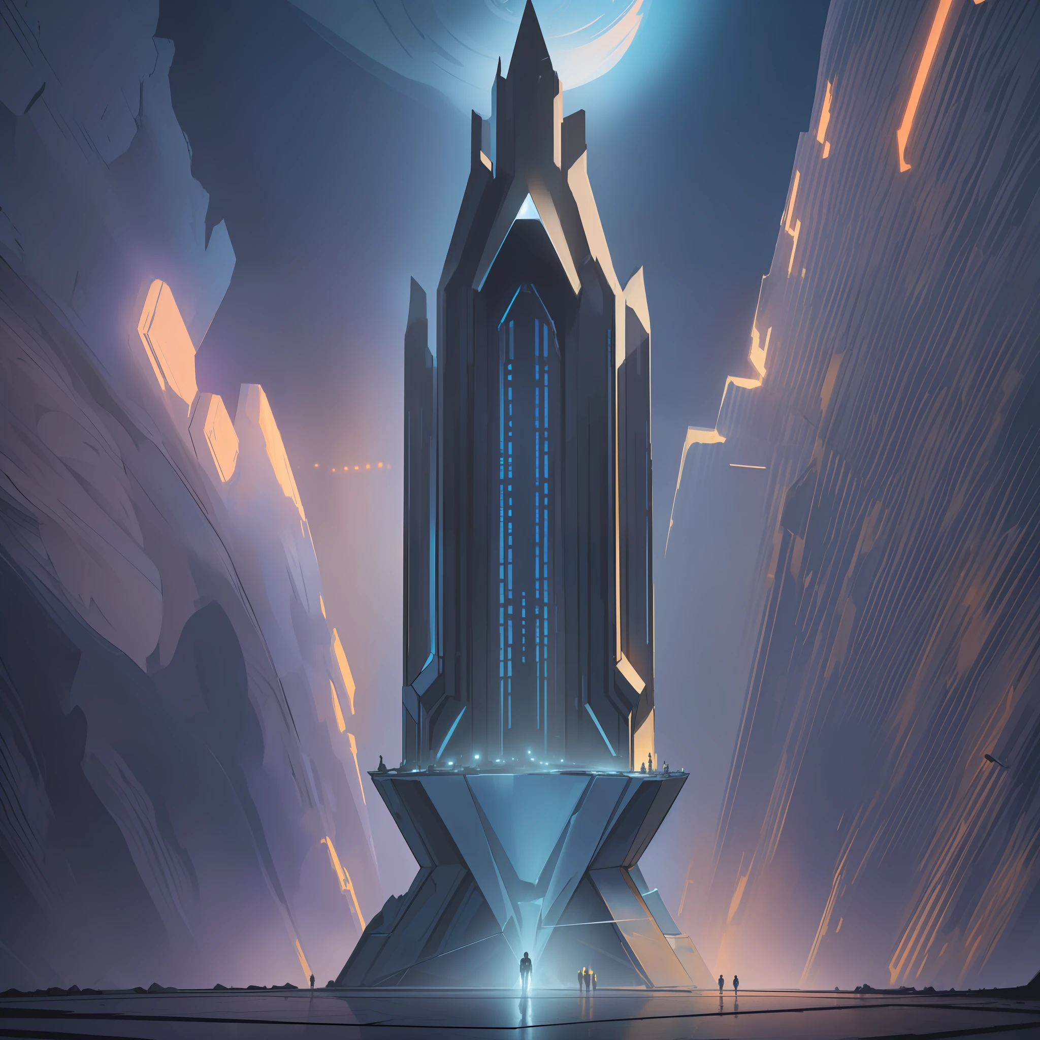 (extremely detailed, high resolution, ultra-realistic),(metallic and sci-fi themed),(deep space),(giant obelisks:1.1, obelisks doors:1.1),(small spaceship:0.8, flying towards it:1.2),(a light shaft:1.3, shining out of its doors),(a high-tech and futuristic atmosphere)