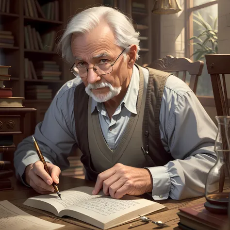 older man sitting at a table writing in a book, rpg book portrait, by ...