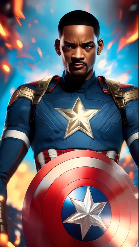. Tarantino style Will Smith as Captain America 8k, high definition, detailed face, detailed face, detailed eyes, detailed suit, Marvel and DC style, hyper-realistic, + cinematic plan + dynamic composition, incredibly detailed, sharpness, detail + superb d...