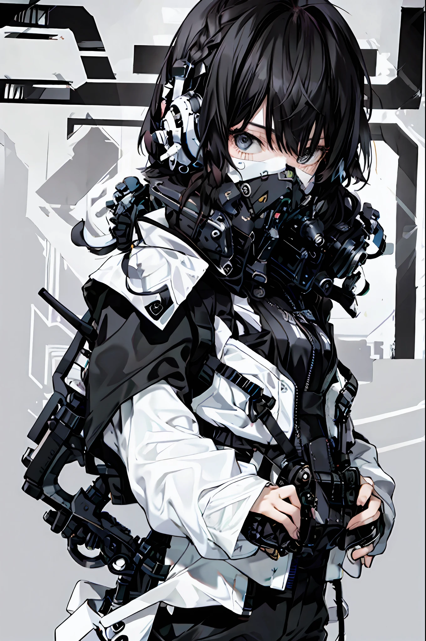 (magazine cover:1.3),ulzzang-6500, (realistic: 1.3) (original: 1.2), masterpiece, best quality, beautiful clean face, fullbody, 1woman, (wearing black and white and cobalt scifi techmask and headphones with complex electronics), wearing black techwear jacket and orange trousers with buckle and tape, (crystal necklace), posing for a picture, (brunette hair, braids,), steampunk