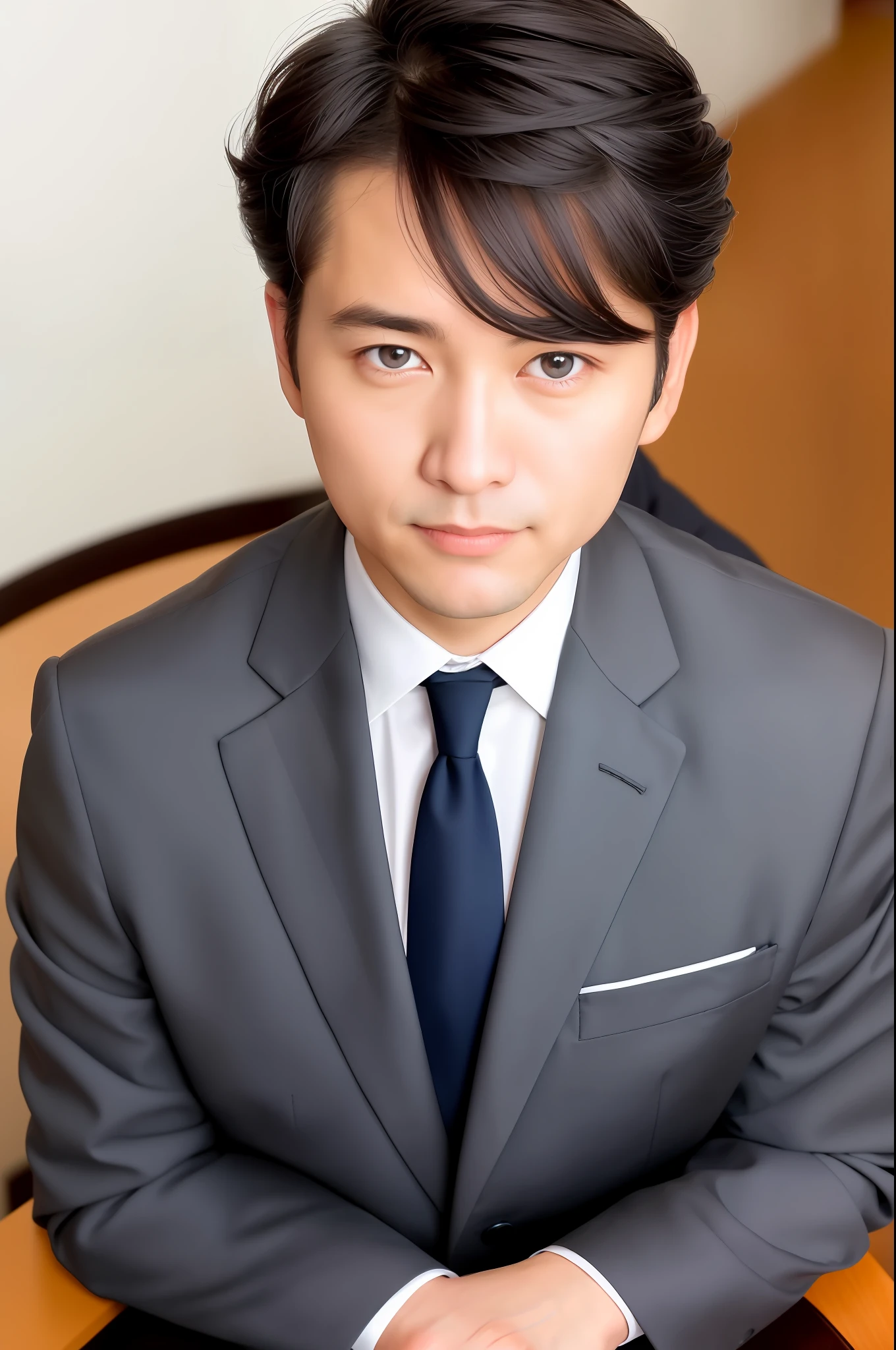 Little cool Japan man in a business suit in black, office, very detailed, 43 years old, innocent face, natural wave hair, blue eyes, high resolution, masterpiece, top quality, intricate details, very detailed, sharp focus, detail skin, realistic skin texture, texture, detailed eyes, professional, 4k, attractive smile, eyes are large, necklace on the neck, Shot in Canon, 85mm, shallow depth of field, Kodak Vision color, perfectly fitting body, highly detailed, photot_ (ultra), photorealistic, realistic, postworking, maximum detail, roughness, real life, hyperrealistic, photorealism, photography, 8K UHD, photography