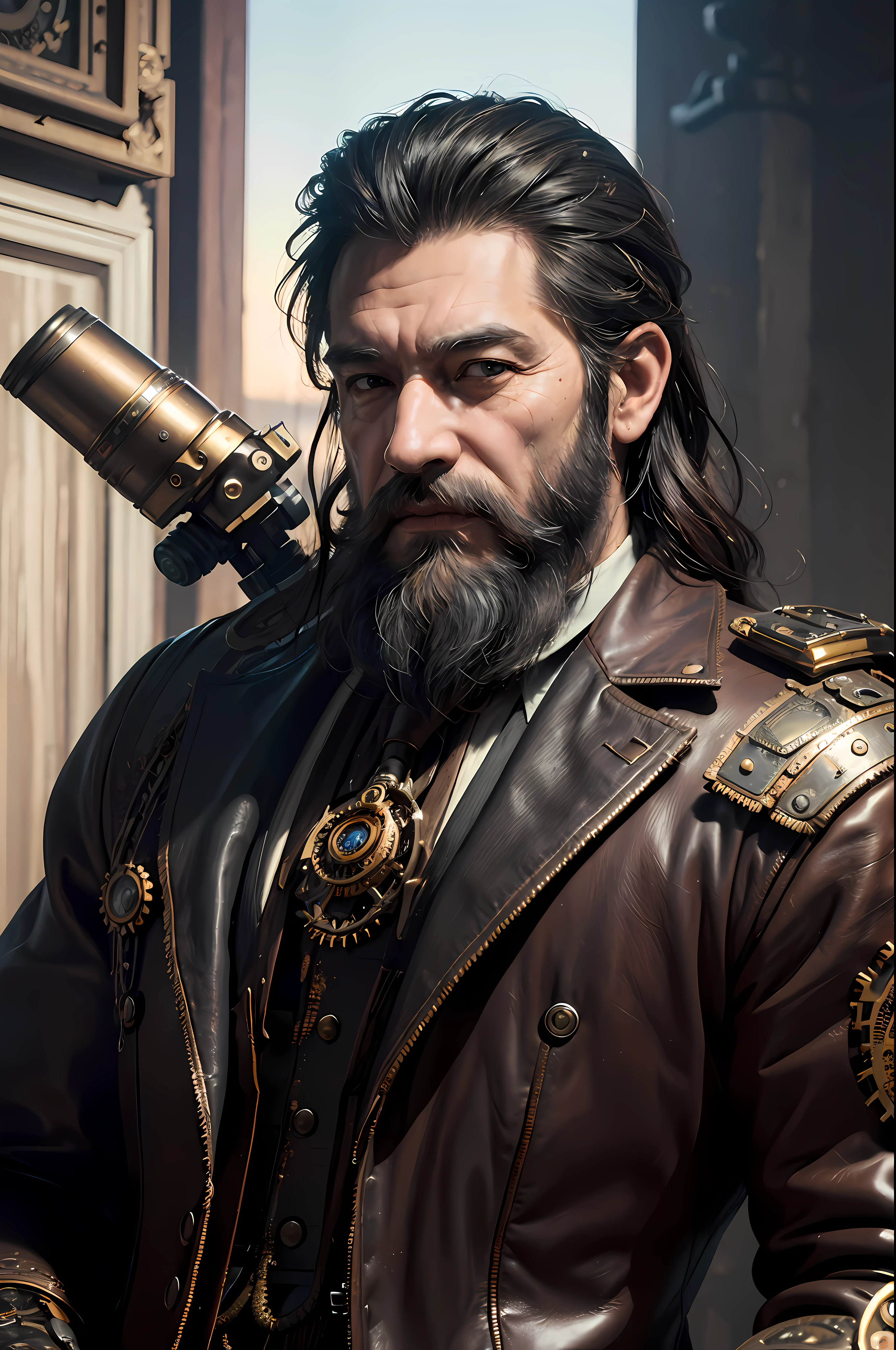 ((Masterpiece))), ((Best Quality))), ((Ultra Detailed)), (Surreal), (Highly Detailed CG Illustration), Cinematic Light, Realistic, Handsome Old Man, (Wrinkled Face and Beard), Intricate Details, Full View, Weapon, Robotic Arm, Cinematic Quality, Full Body, Short Black Hair, ((Steampunk))