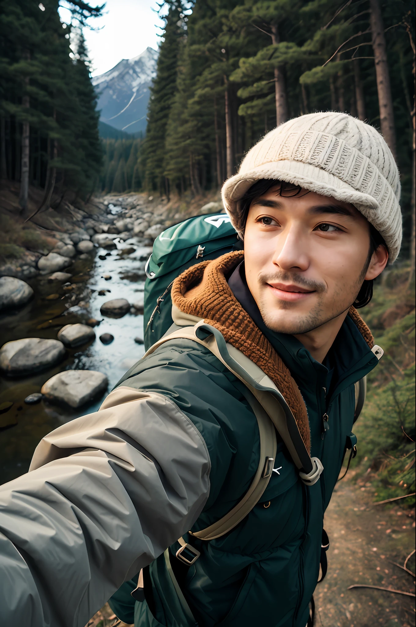 1 Japan man ((selfie of upper body, happy)), masterpiece, top quality, super detail, ground, outdoor, (night), mountain, nature, (stars, moon) cheerful, happy, backpack, bag sleeping, camping stove, water bottle, mountain boots, gloves, sweater, hat, lantern, forest, stone, river, wood, smoke, shadow, contrast, clear sky, style, (warm shades, warm tones)