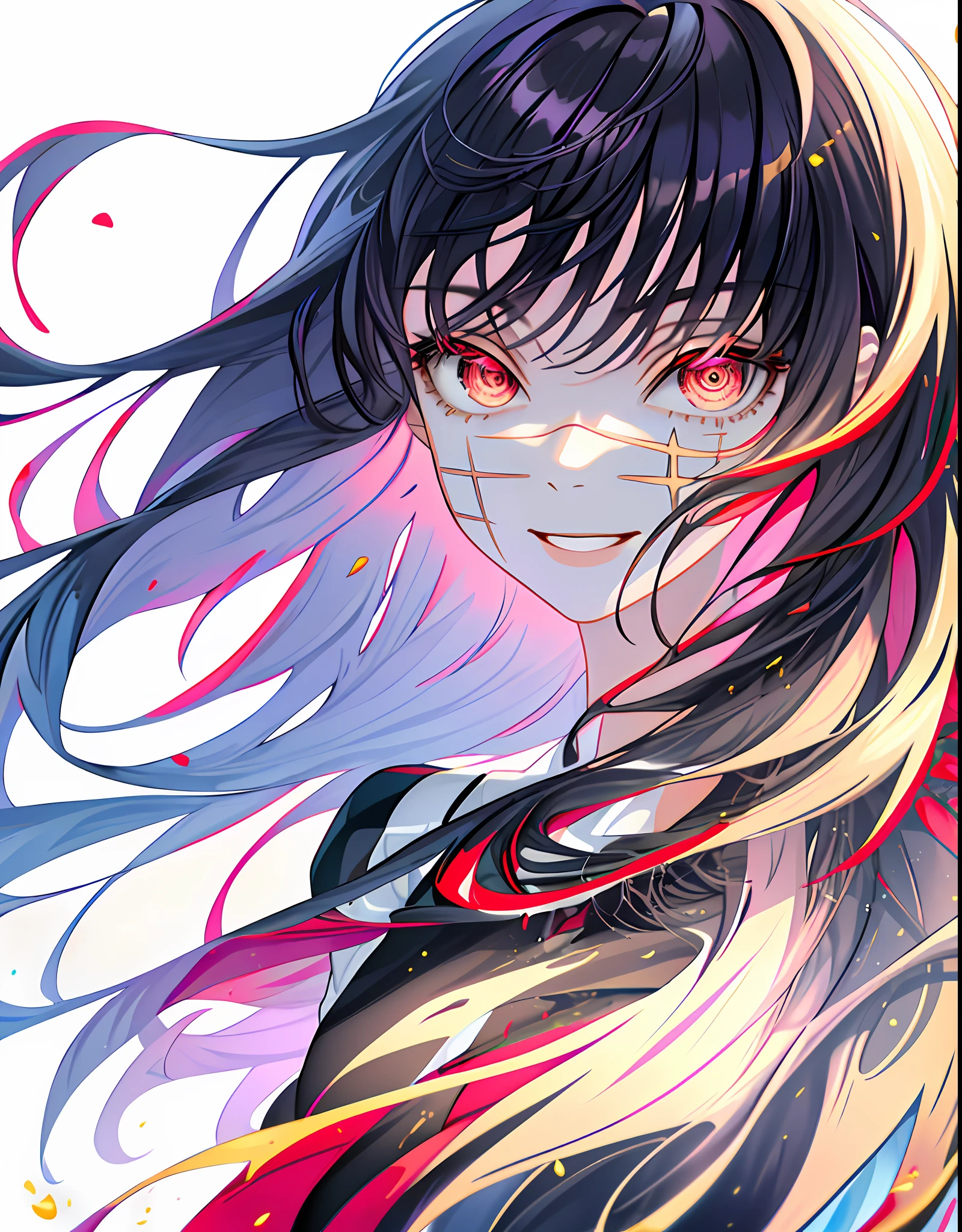 (((best quality))), (((masterwork))), asacsm, 1girl, solo, solo focus, focus on eyes, (beautiful eyes, red eyes:1.2), ((face scar)), standing, portrait, smiling, small lips, cute, long hair, black hair, , hands behind back, digital art, featured on pixiv, trending on artstation, high contrast, shadened face