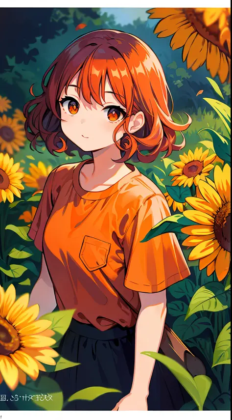 masterpiece, top quality, super detailed, illustration, detailed orange eyes, girl, semi-long, curly, shirt, short sleeve, letterbox, depth of field, pretty flowers, selfie