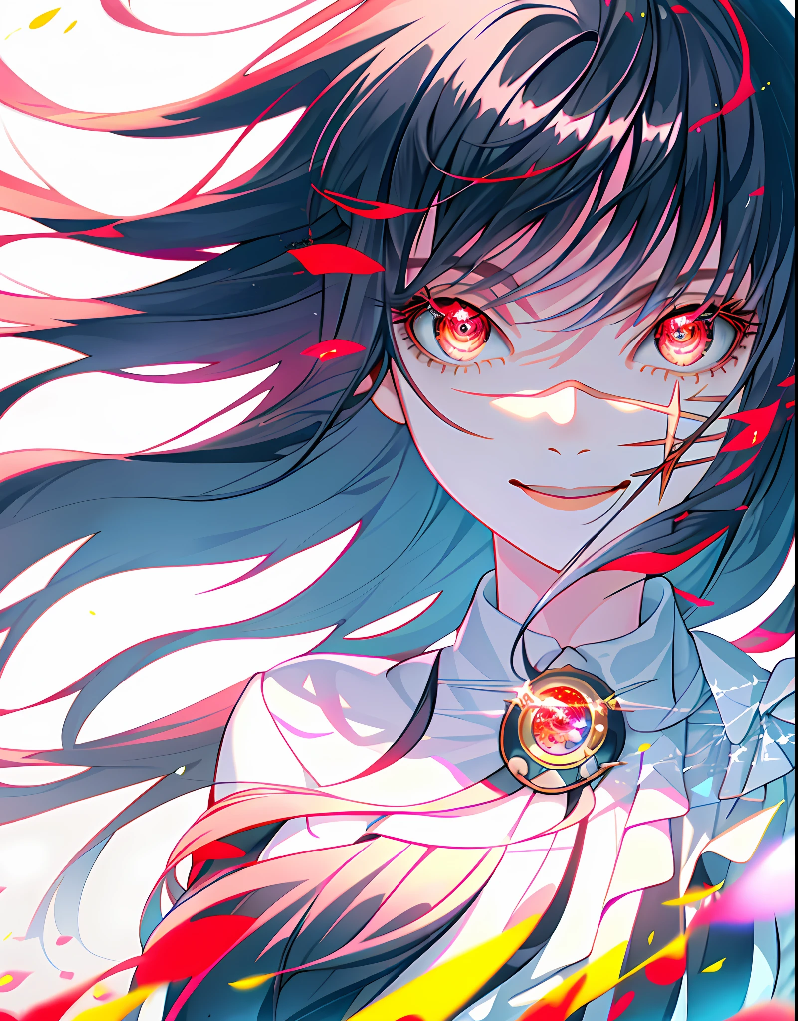 (((best quality))), (((masterwork))), asacsm, 1girl, solo, solo focus, focus on eyes, (beautiful eyes, red eyes:1.2), ((face scar)), standing, portrait, smiling, small lips, cute, long hair, black hair, school uniform, hands behind back, digital art, featured on pixiv, trending on artstation, high contrast, shadened face