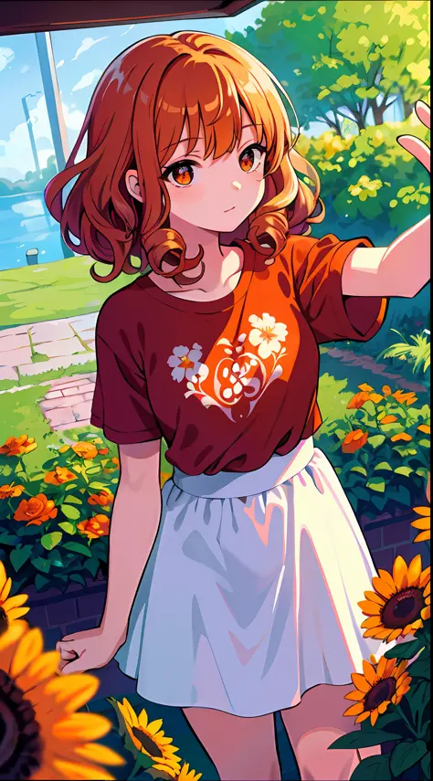 masterpiece, top quality, super detailed, illustration, detailed orange eyes, girl, semi-long, curly, shirt, short sleeve, letterbox, depth of field, pretty flowers, selfie