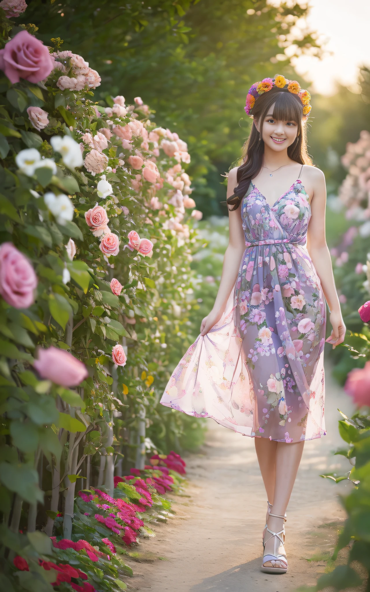 (((((Full body photo))),((Slim body)))),20 years old, twilight rays, rose pattern slip dress, flower crown, (((Tokugawaen))), rose front bokeh, bokeh, photorealistic, surrounded by colorful roses, (((smiling)))))), (1 girl), (sunset: 1.3), (8k, RAW photography, best quality, masterpiece:1.2), (real, Photorealistic:1.37), Best Quality, Ultra High Definition, (Standing in the Flower Garden:1.3), (Vibrant and Colorful:1.3)