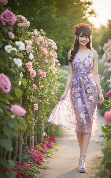 (((((full body photo))),((slim body)))),20 years old, twilight rays, rose pattern slip dress, flower crown, (((tokugawaen))), ro...