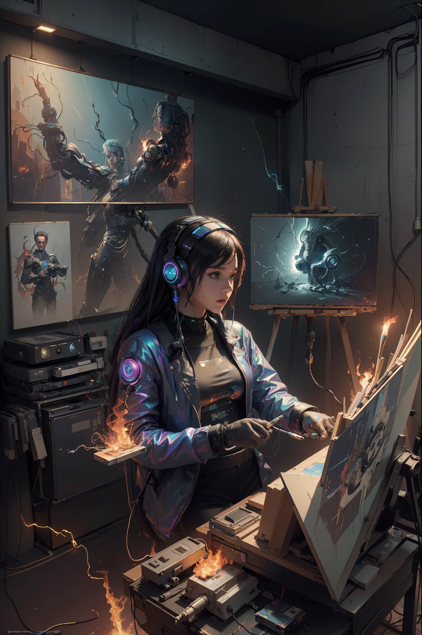 (masterpiece, best quality, highres, absurdres, detailed:1.2), humanoid, robot, wearing headphones, looking away, (cyberpunk, art canvas, paint brush, easel, iridescent, holographic: 1.6), (cables, wires, flames, fire, smoke, overheat, explosion, indoors, room, simple background)