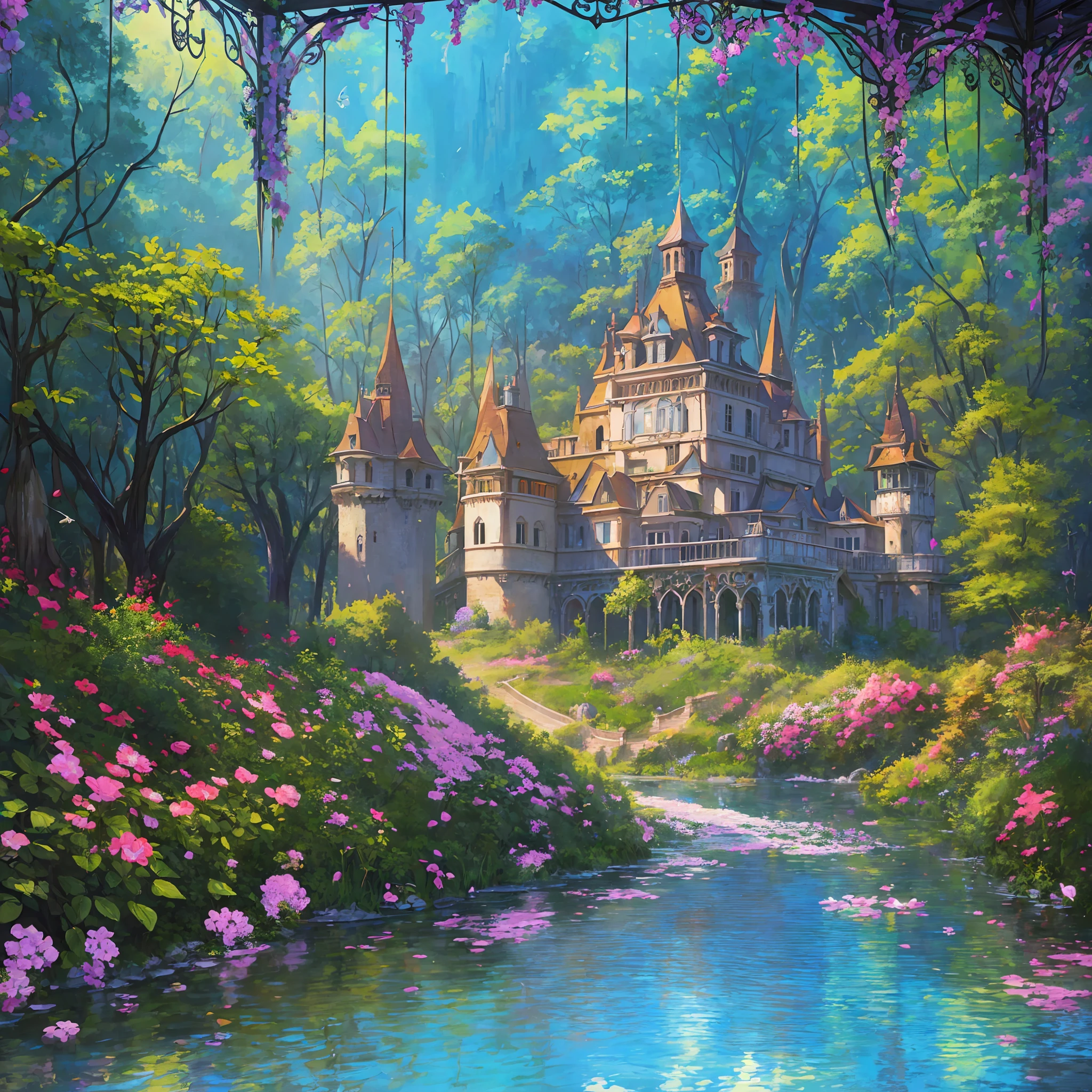 Old style painting, abandoned castle mansion covered in forest, supersaturated, princess tower, gazebo, balcony, colorful, birds, flowers, very detailed, high resolution, reflections traced by rays, dramatic lighting, 8k vibrant colors, detailed acrylic, intricate, natural volumetric film soft perfect light, oil painting --auto --s2