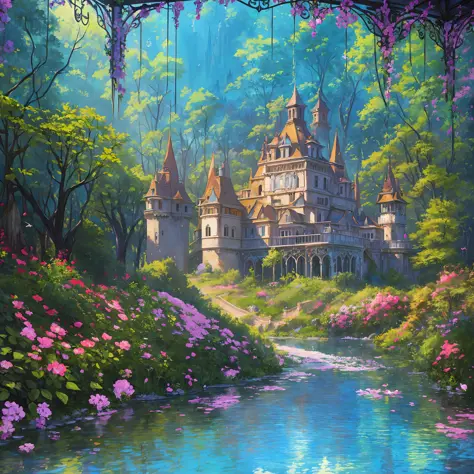 old style painting, abandoned castle mansion covered in forest, supersaturated, princess tower, gazebo, balcony, colorful, birds...