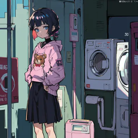 anime girl holding a teddy bear in front of a washing machine, 9 0 s anime aesthetic, in a laundry mat, anime aesthetic, lofi gi...