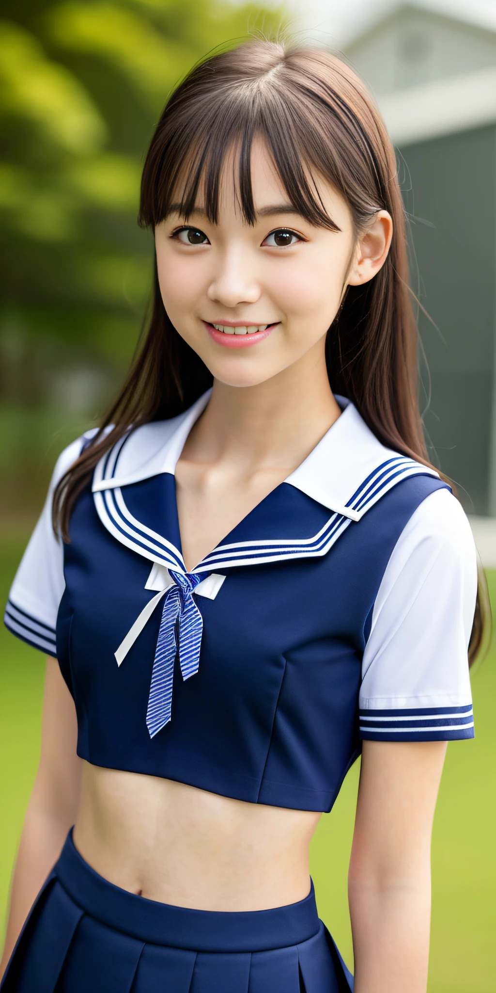 neat college girl, (school uniform, sailor uniform, ribbon tied at chest, summer clothes, upper body white, skirt dark blue, short sleeves), outside the athletic field, (slim), photorealistic, detail, skin texture, ultra detail, delicate and sexy collarbone, smile, super detailed face, detailed lips, detailed eyes, double eyelids, small breasts, small breasts, small, flat breasts, breast emphasis