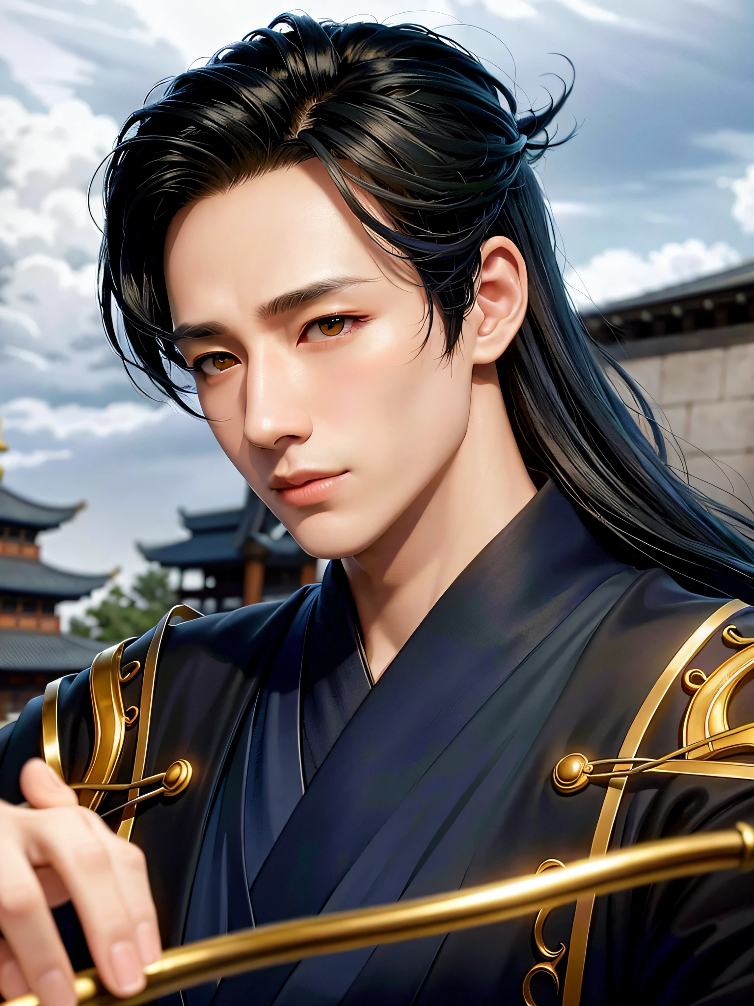 (Positive Focus), (In the Dark: 1), (Best Quality), (Realisticity: 1), Realistic Skin Texture, Highly Detailed, 8k Wallpaper, Volume Lighting, Dynamic Lighting, A Boy, Black Hanfu, Black Ponytail Long Hair, Black Hair, Black Scarf, Delicate Eye Painting, Handsome, Black Taoist Robe, Antique Style, Wide Robe with Big Sleeves, Dynamic Pose, Dramatic Composition, Flying Hair, Ancient Architecture Background, Complex Background, Cloudy Winding, Xian Xia Background, Cloudy and Mist, Taoist Nature, Chinese Taoist, cinematic lighting,