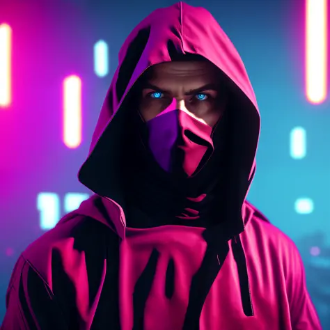 NeonNinja style, close-up of a male person with black hood, front body, blue eyes.
