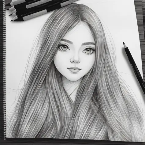 portrait of a girl with long hair and bright eyes, beautiful cheekbones, plump lips, big eyes and long eyelashes, monochrome col...