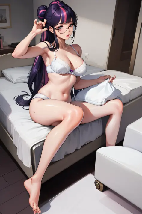 Twilight Sparkle, Twalite Sparkle from my little pony, Twalite Sparkle in the form of a girl, in white and blue striped underwear, naked, white bra, thong, pulls panties, big breasts, lush breasts, voluminous breasts, elastic breasts, on the bed, legs apar...