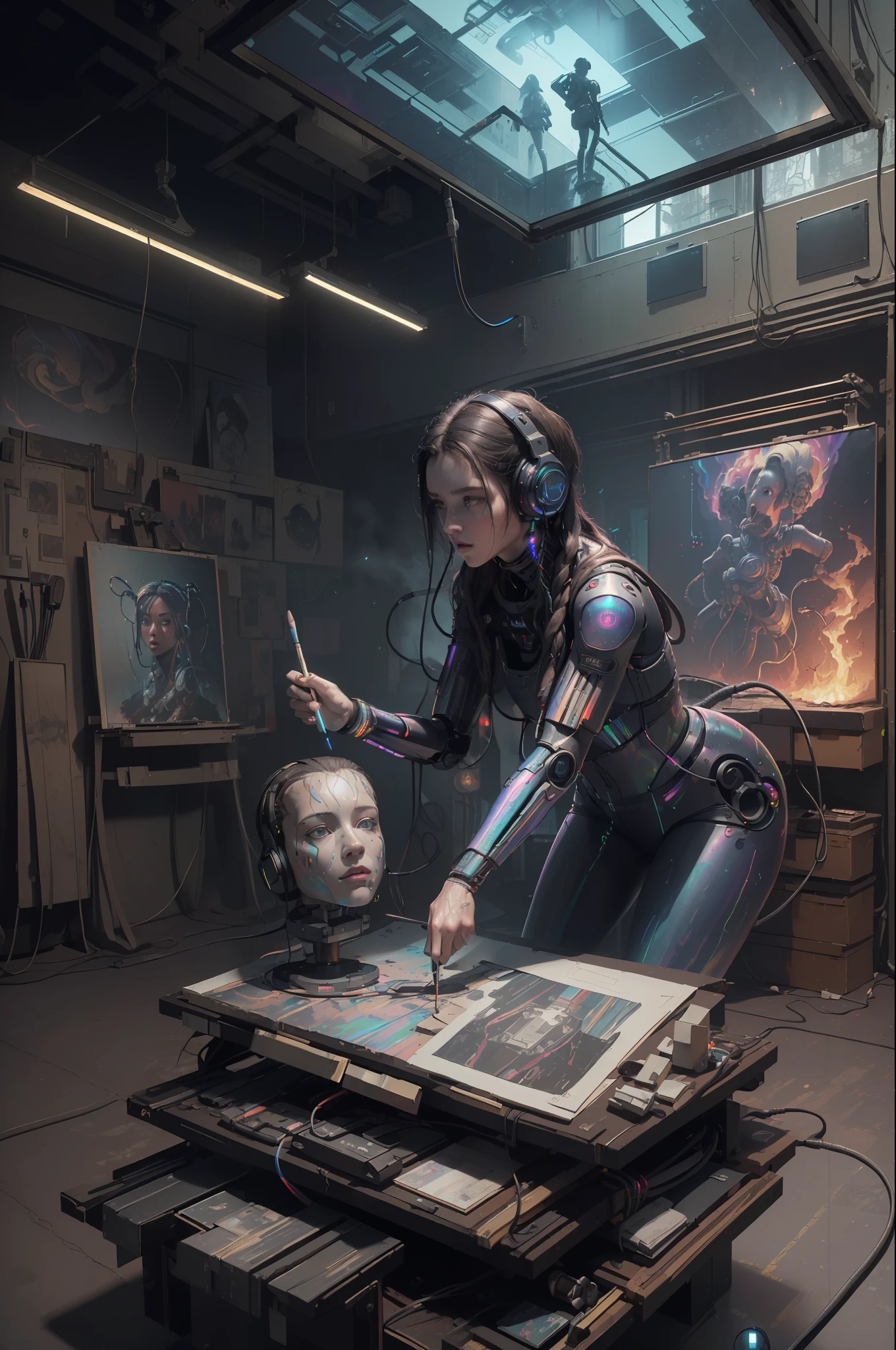 (masterpiece, best quality, highres, absurdres, detailed:1.2), humanoid, robot, wearing headphones, looking away, (cyberpunk, art canvas, paint brush, easel, iridescent, holographic: 1.6), (cables, wires, flames, fire, smoke, overheat, explosion, indoors, room, simple background)