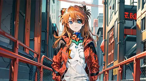 ((masterpiece,best quality, detailed)), outdoors, souryuu asuka langley, red jacket, bodysuit under clothes, cat hat, red bodysu...