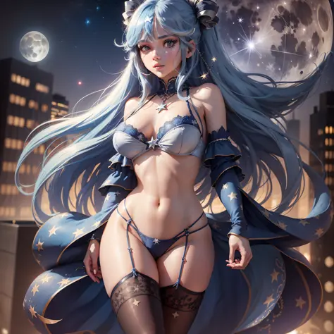 Girl, fair skin, long blue hair, sparks and stars in her hair, in silver lace underwear, standing on the roof, night city, hair merging with the sky, huge moon, full-length, standing sideways to the viewer, silver linen, silver chains holding stockings, bl...