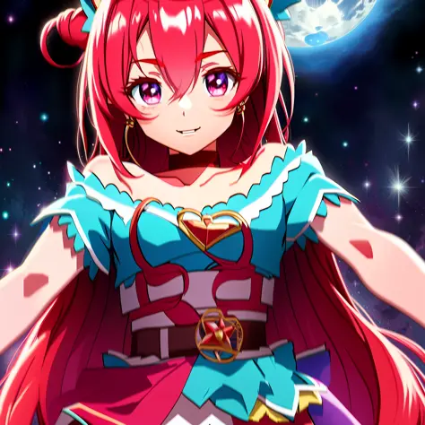 anime girl with long red hair and blue dress in front of a full moon, anime style 4 k, macross delta, portrait anime space cadet...